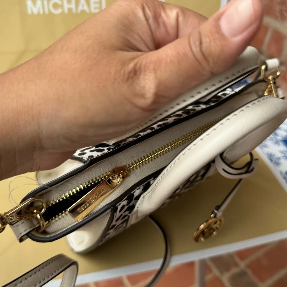 Michael Kors MINI Avril XS Cheetah Leather Satchel Crossbody Bag cream Multi